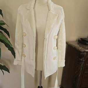 Elegant Cream Double-Breasted suade and knit Women's Coat